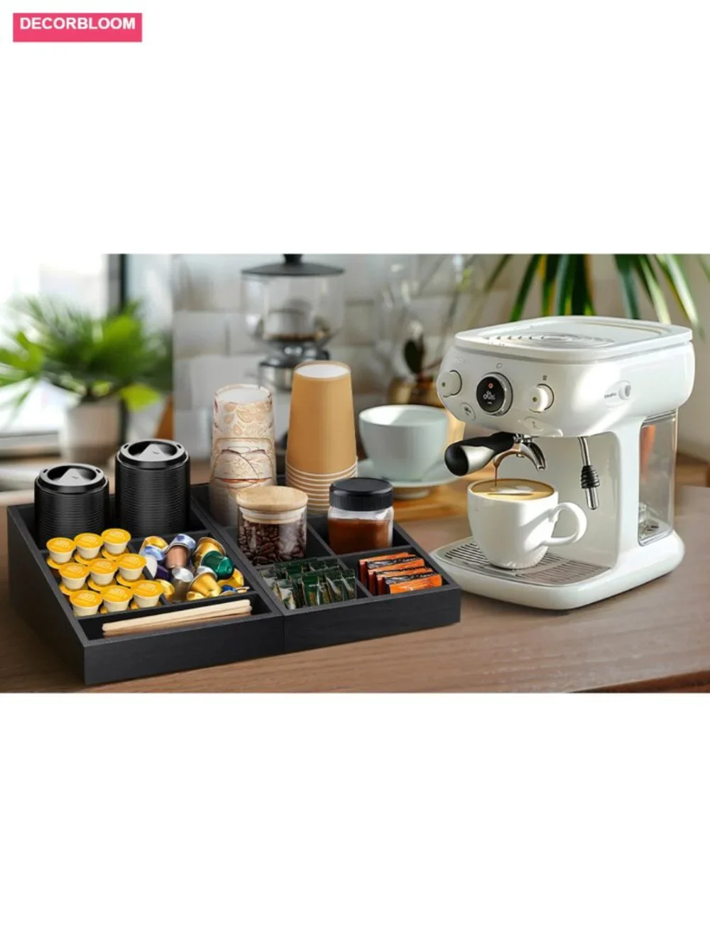 Solid Pine Wood Coffee Station Organizer with 9 Compartments